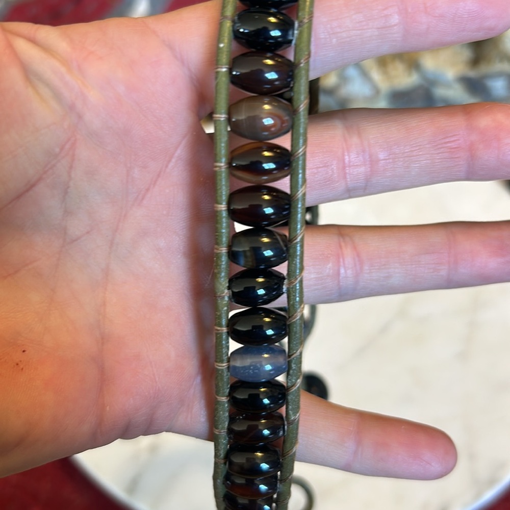 Hand made Agate stone leather wrap Brown and green Beaded Bracelet - Picture 10 of 13